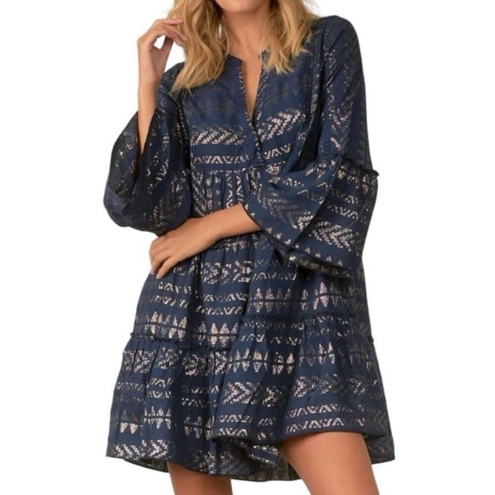 Elan Tiered Navy Mini Dress with Gold Threading